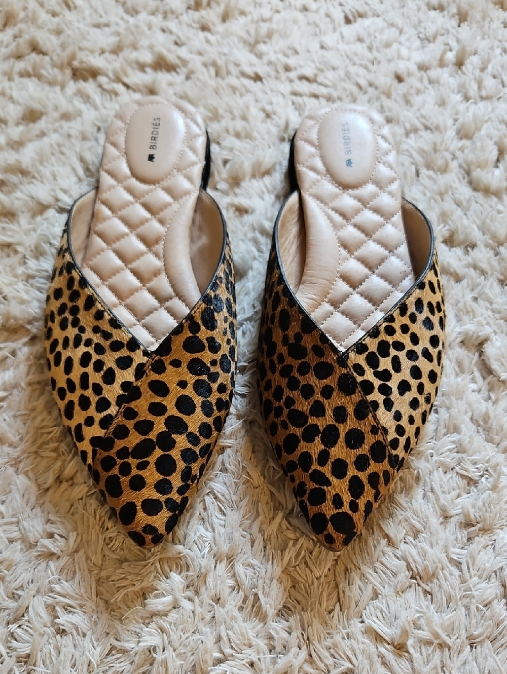 Birdies Leopard-Print Pointed Mule in Tan and Black